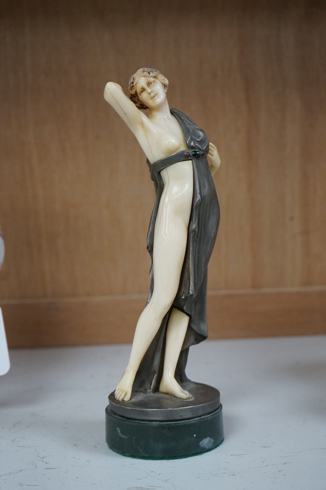 After F. Preiss, an Art Deco style silvered metal and ivorine figure, 'Vanity', 22cm high